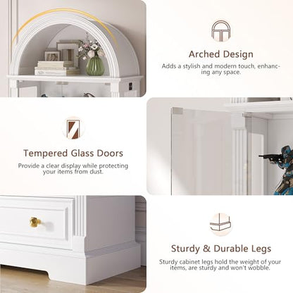 Arched Display Cabinet with Glass Doors, 72" Tall Curio Cabinet with Human Sensor Lights, 4-Tier Display Case for Collectibles Bookcase Living Room - color: White