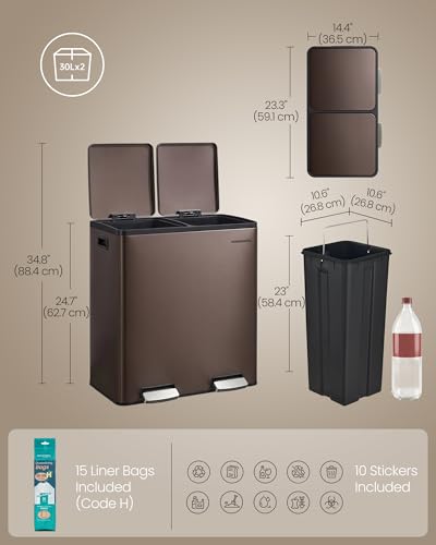 SONGMICS Trash Can, 2 x 8 Gallon (2 x 30 L) Double Compartment - color: Brown, size: 2 x 8 Gal.