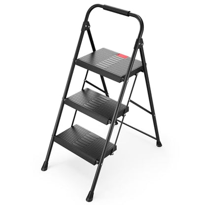TOOLF 3 Step Ladder, Folding Steel Step Ladder with Handrail, Black - size: 3 Step Ladder