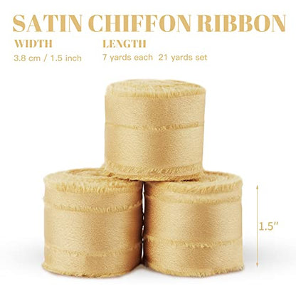 Keypan Gold Frayed Satin Chiffon Ribbon, 1.5 Inches, 21 Yards - color: Gold