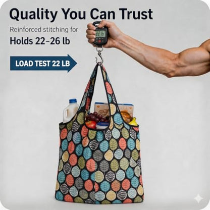 Foldable Reusable Grocery Bags, Waterproof Lightweight Shopping Tote with Pocket for Travel & Everyday Use - color: B-leaves