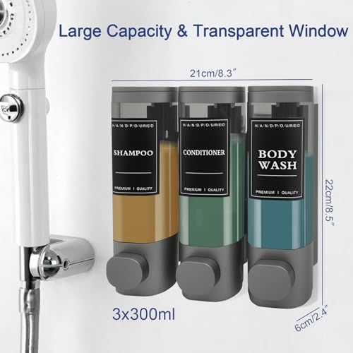 3-Chamber Wall Mount Shower Dispenser, No-Drill or Drill Install for Shampoo, Conditioner, Body Wash, Refillable Soap Dispenser for Home, RV & Hotel, Eco-Friendly & Compact (Gunmetal Gray) - color: Gunmetal Gray
