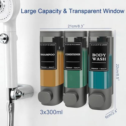 3-Chamber Wall Mount Shower Dispenser, No-Drill or Drill Install for Shampoo, Conditioner, Body Wash, Refillable Soap Dispenser for Home, RV & Hotel, Eco-Friendly & Compact (Gunmetal Gray) - color: Gunmetal Gray