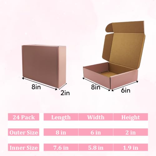 Pink Shipping Boxes 24 Pack 8x6x2 inches, Corrugated Cardboard Mailer Boxes - size: 8x6x2 Inch-24 Pack