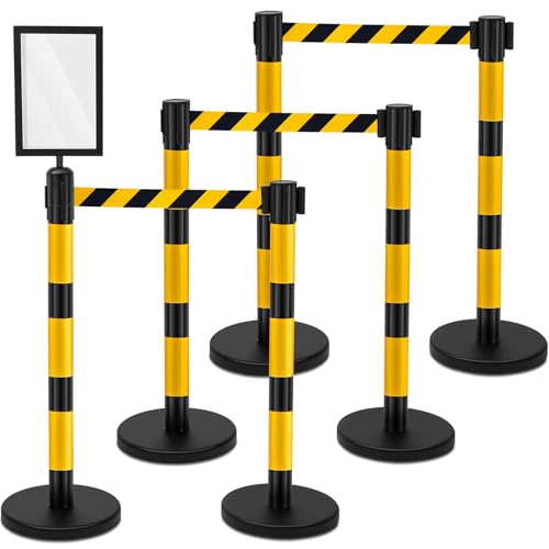 6 Pack Crowd Control Stanchions 9.8 ft Belt Sign Holder, Caution, Mixing - color: Yellow Black, size: Stripe Belt
