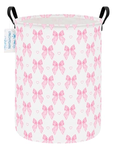Round Laundry Basket Collapsible Storage Hamper Pink Bowknot - color: Pink Bowknot