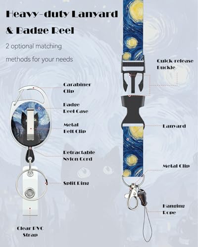 Uniclife Fashionable Sliding Badge Holder Starry Night & Black Cat Plastic Card Holder with Retractable Badge Reel Carabiner Detachable Lanyard Vertical Card Protector for Office Worker - color: Starry Night & Black Cat