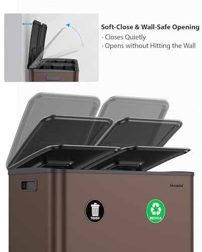 Dual Trash and Recycling Bins for Kitchen, 2×13 Gallon (2× 50L) Stainless Steel Trash and Recycle Bin Combo with Soft-Close Lid, Large Garbage Cans for Kitchen Home with 2 Magnets Sticker, Brown - color: Brown