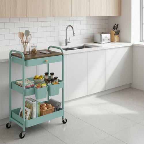 danpinera 3 Tier Rolling Cart, All-in-One Art Cart Organizer on Wheels for Kitchen, Bathroom, Office, Laundry - color: Green