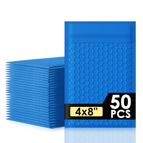 packbabol Bubble Mailers 4x8" 50 Pack Blue Padded Envelopes Waterproof Usable Size 4x7 Self-Seal Padded Mailing Envelopes Bubble Opaque Padded Mailer for Small Businesses， Envelope Mailers#000 - size: 4x8-50Pcs