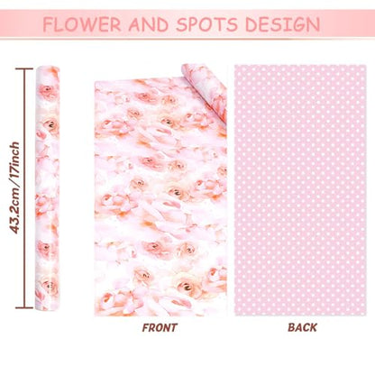 Pink Flower Wrapping Paper, Reversible Pink Wave Point Baby Girl Women Wrapping Paper Gift Wrap for Birthday, Valentines, Mothers day, Graduation, Wedding, Fathers day, Baby Shower (17in x 32.8ft) - color: Pink Floral