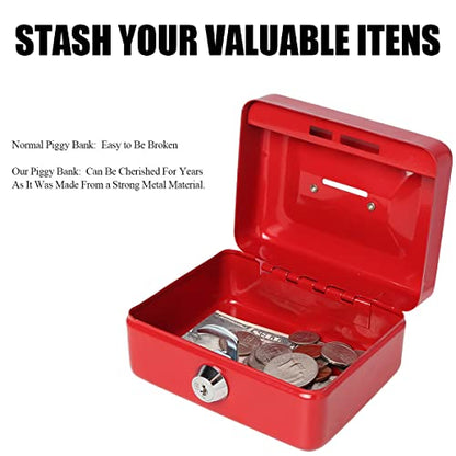 Small Cash Box with Lock and Slot - Jssmst Metal Coin Bank Piggy Bank for Adults and Kids, Red(SMCB0303N) - color: Red, size: XS(4.92")-slot