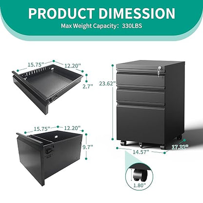 3 Drawer File Cabinet, Vertical File Cabinets with Lock for Home Office,Heavy Duty Office Steel Filing Cabinet for Hanging Letters/Legal/A4, Assembly Required (Black) - size: 3 Drawer-Wheel