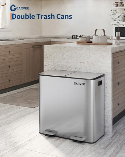 Garvee Dual Kitchen Trash Can 2x10.6 Gal Stainless Steel Step Bin - color: Silver, size: 2 x 10.6 Gallon