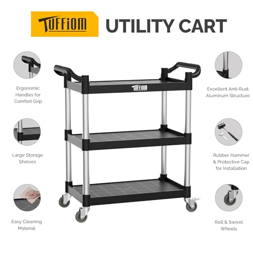TUFFIOM 3-Tier Plastic Service Utility Cart with Wheels, Heavy Duty 390lbs Capacity, Commercial Rolling Ideal for Restaurant, Foodservice, Office, Warehouse, Black 24.6''L x 15.8''W x 37.4''H - size: Black 24.6''L x 15.8''W x 37.4''H