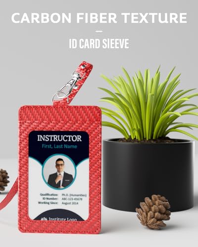 Carbon Fiber Work ID Card Holder with Lanyard, Red - color: Red