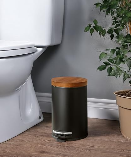SunnyPoint Elite Bamboo Lid 4.5 Liter / 1.2 Gallon Round Trash Can with Plastic Inner Bucket; Bathroom, Office, Kitchen and Bedroom Step On and Slow Close (Black) - color: BLACK