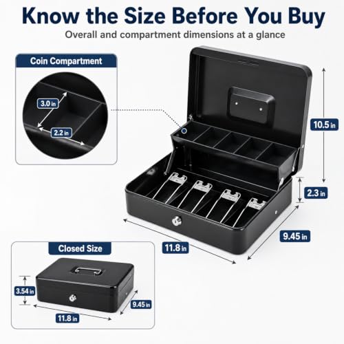 KYODOLED Cash Box with Money Tray and Key Lock, 1mm Thick Metal Cash Drawer - color: Black
