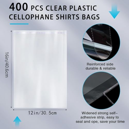 PerKoop 400 Pcs 12"x16" Plastic Clear T Shirt Bags Clothing Package - size: 12"x16"