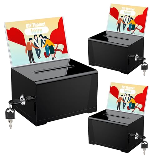 Uniclife 3 Pack 6.2" x 4.7" x 4" Black Acrylic Donation Box with Lock Slot - color: Black, size: 3 Pack