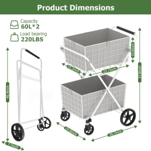 Extra Jumbo Foldable Shopping Cart with 2 Removable Baskets and Waterproof Liner, Heavy Duty Utility Grocery cart on Wheels, Rolling 2-Tier Laundry cart with 360° Swivel Front Wheels (2-Tire) (White) - color: White