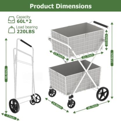 Extra Jumbo Foldable Shopping Cart with 2 Removable Baskets and Waterproof Liner, Heavy Duty Utility Grocery cart on Wheels, Rolling 2-Tier Laundry cart with 360° Swivel Front Wheels (2-Tire) (White) - color: White