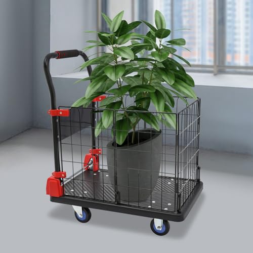 Platform Truck Cart with Removable Cage 4-in-1 Heavy Duty Push Cart Dolly Load 330LBS with Swivel Casters, Multipurpose Platform Hand Truck Dolly for Grocery/Stall/Storage