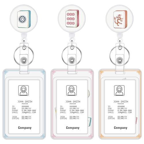3 Pack Retractable Id Badge Holder Set with Clip, Mahjong Pattern - color: Mahjong