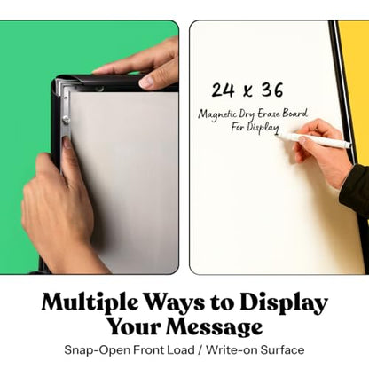 T-SIGN Sidewalk Sign for Indoor & Outdoor Sign - Open Aluminum A Frame Sign Poster Board 24x36 Inches, White Dry Erase Surface - Heavy Duty Double Sided Sandwich Board, Street Advertising Sign Board - color: Black - Premium Dry Erase Surface
