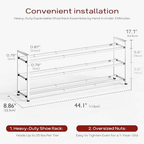 Bumusty 3 Tier Long Expandable Shoe Rack for Closet, White - color: White, size: 3-tier