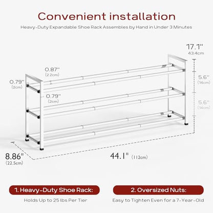 Bumusty 3 Tier Long Expandable Shoe Rack for Closet, White - color: White, size: 3-tier
