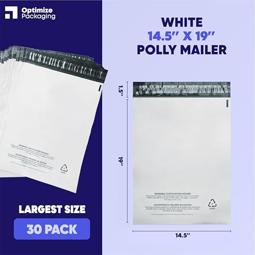14.5 x 19 Heavy-Duty Poly Mailers – 30-Pack, 3 Mil Thick Shipping Bags – Waterproof, Tear-Resistant, Recyclable Envelopes for Small Business & Clothing (White, 14.5" x 19") - size: 14.5" x 19"