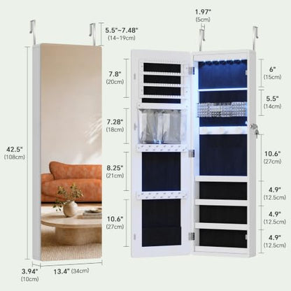 HNEBC Over the Door Organizer, Jewelry Cabinet with Lights,White - color: 21-White