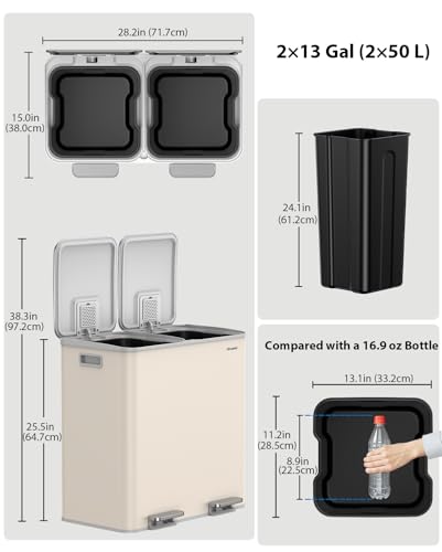 Dual Trash and Recycling Bins for Kitchen, 2×13 Gallon (2× 50L) Stainless Steel Trash and Recycle Bin Combo with Soft-Close Lid, Large Garbage Cans for Kitchen Home with 2 Magnets Sticker, Apricot - color: Apricot