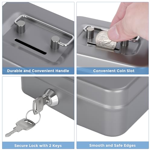 Cash Box with Lock Small Cute Coin Lock Box with Money Slot Mini Portable Gamble Safe Box 4.5"x3.4"x2.4" Grey - color: Grey-Mini