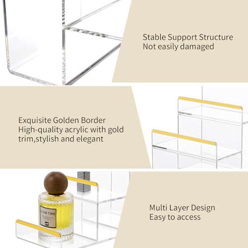 6Pcs Clear Acrylic Display Stand Bundle with Gold Trim, 4 Adjustable Purse Holders (14"-24") & 2 Widen 3-Tier Wallet Risers, Handbag and Clutch Countertop Organizer Rack Set for Retail Boutique