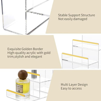 6Pcs Clear Acrylic Display Stand Bundle with Gold Trim, 4 Adjustable Purse Holders (14"-24") & 2 Widen 3-Tier Wallet Risers, Handbag and Clutch Countertop Organizer Rack Set for Retail Boutique