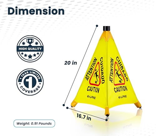 Alpine Caution Wet Floor Sign 3 Pack - Pop Up Slippery When Wet Sign, Wall Mounted Foldable Bilingual Yellow Safety Warning Caution Cone for Commercial & Office Use (20 Inches) - size: 3-Pack