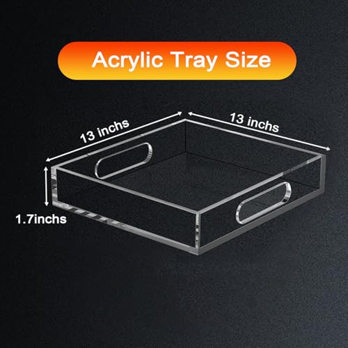 Acrylic Serving Tray with Handles - Lucite Organizer for Bench, Coffee Table, Countertop, Kitchen, Bathroom, Living Room, Powder Room - size: 13" x 13" x 1.7"