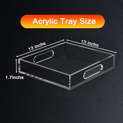 Acrylic Serving Tray with Handles - Lucite Organizer for Bench, Coffee Table, Countertop, Kitchen, Bathroom, Living Room, Powder Room - size: 13" x 13" x 1.7"