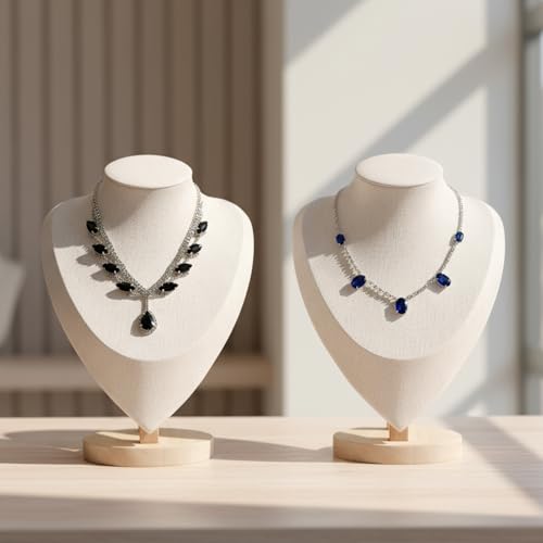 2 Pcs Necklace Display Stand Bamboo, Wooden Jewelry Bust Holder with Beige Velvet, 9.1 Inch Height, 6.6 Inch Width, Ideal for Home or Store Showcase, Organizer and Photography Prop