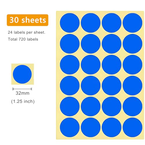 720 PCS Blue Dot Stickers 1-1/4 Inch Round Color Coding Labels 1.25" Circle Sticky Dots 32 mm Blank Circular Price Label Sticker Sheets for Spice Seal Inventory Office Classroom Must Haves - color: Blue