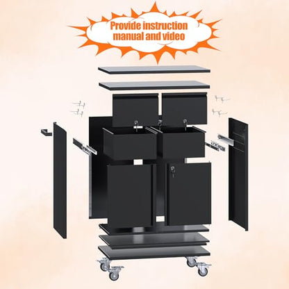 Metal Tool Cabinet with 2 Drawers, Adjustable Shelf & Wheels, Black - color: Black, size: 18.11"D x 30.31"W x 35.5"H