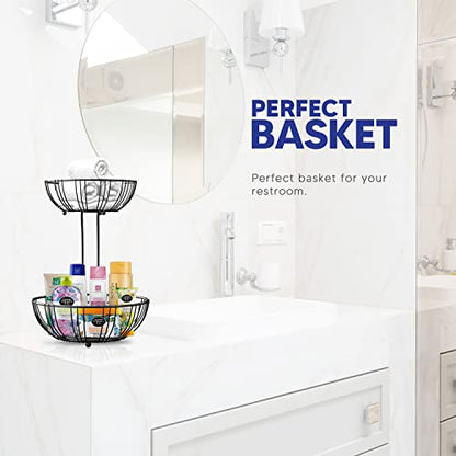 RICCLE Fruit Basket For Kitchen Counter - Fruit Basket With Banana Hanger - Double Layer Metal Wire Fruit Bowl For Countertop - Fruit Holder For Produce, Vegetables