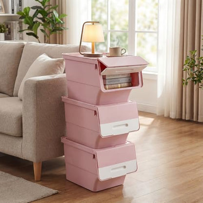 GIANTEX 6 Pack Plastic Stackable Storage Bins with Lids & Wheels, 35 QT - color: White + Pink, size: 6 Pack, 35 QT