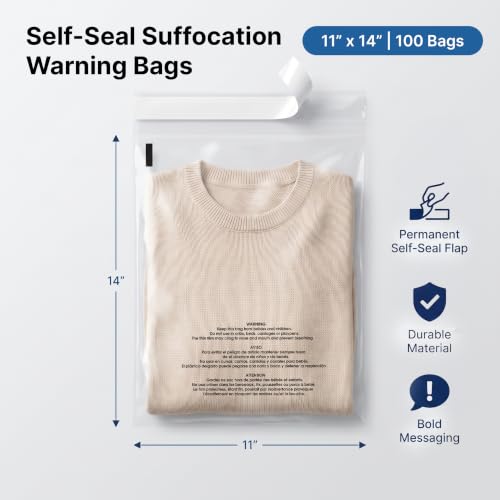 11” X 14” (100 Count) Self Seal Clear Poly Bags with Suffocation Warning - size: 11" X 14"