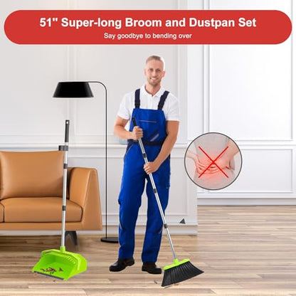 Broom and Dustpan Set for Home, 51" Long Handle Standing Pan Light Green - color: Green