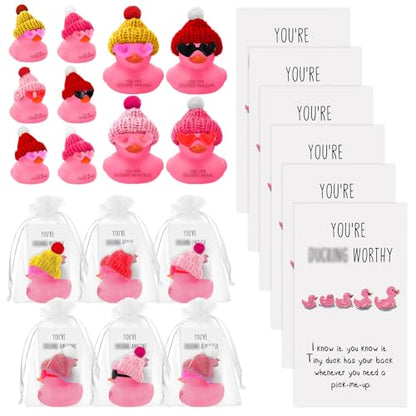 Liliful 24 Sets Pink Rubber Ducks with Knit Hat Sunglasses Card Bag - color: Pink