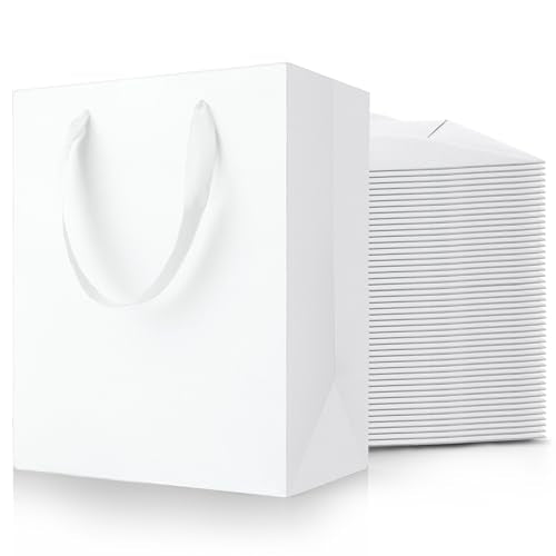 MOXARYSU White Gift Bags With Handles: 8x5x10 Inch 50pcs Medium Paper Gags Bulk For Birthday Wedding Party Shopping(M, 50) - color: M-50-White
