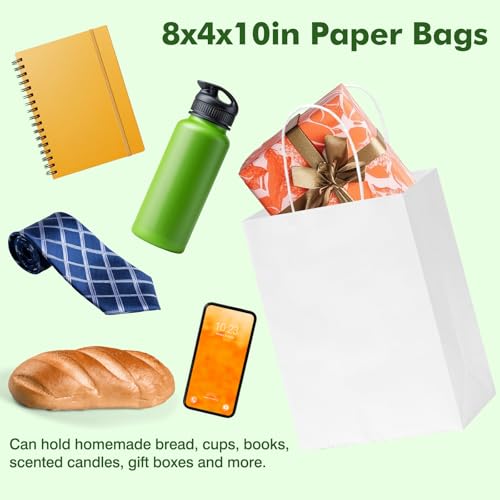 OUTUXED 150pcs White Paper Bags with Handles, 8x4x10 Gift Bags with Handles - color: White 8x4x10in, size: 1 Count (Pack of 150)